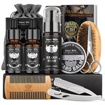 Beard Grooming Kit for Men Care: Fathers Gifts Set for Dad Husband Birthday Valentines Christmas Stocking Fillers for Men Him Boyfriend with Beard Oil Brush Balm Shampoo Comb Straight Razor