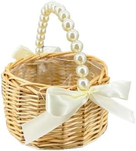 BETAULIFE Wicker Rattan Flower Girl Basket with Bows,Pearl Handle Flower Girl Basket,Wedding Flower Girl Basket and Home Decorations. (1)