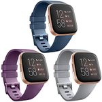 AK Bands Compatible with Fitbit Versa Bands (3 Pack) Soft Wristband Sports Waterproof Strap for Fitbit Versa Smart Watch Small Large Women Men (Gray Navy Blue Purple Small)