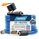 Camco 25-Ft Heated Water Hose for RV - Water Line Freeze Protection Down to -20°F/-28°C - Features Energy-Saving Thermostat & Includes Adapter for Connection to Either End of Hose (22911)