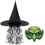 LOOPES Witch Hat with Hair Halloween Witch Mask Green Goblin Witch Mask Old Woman Witch Costume Accessory Horror Mask Halloween Cosplay Carnival Party Festival Fancy Dress