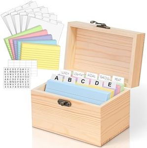 MOBYKE Index Card Holder 3x5, Wooden Origanizer Recipe Box with 100 PCS Flash Cards, 30 Plastic White Dividers, 1 Blank Sticker and 1 Letter Sticker, Flashcard Notecard Holders for Home Office