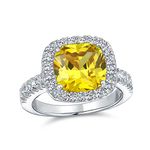 Personalize Classic Timeless 6CT AAA CZ Canary Yellow Halo Square Cushion Cut Statement Engagement Ring For Women Cubic Zirconia Pave Band .925 Sterling Silver Customizable