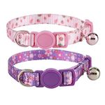 YUDOTE Cat Collars Pack of 2, Colorful Printed Basic Strong Girls Cat Collar Quick Release with Removeable Bell, Pink Purple