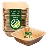 ECO Leaf 50 Disposable Palm Leaf Bowls | 6”(15cm) Square Compostable Dinner Bowls | Eco-Friendly, Biodegradable Heavy-Duty Bowl for Wedding, Party and Picnic | Microwave & Oven Safe