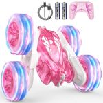 Pink Remote Control Car for Girls Rechargeable Fast Direct Charging RC Cars for Kids with Colorful Light,Double-Sided 360° Rotating RC Stunt Car 4WD RC Car Toys for Ages 5-7 Gift for Girls Aged 6-12