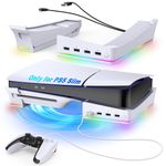 Horizontal Stand with RGB Light for PS5 Slim, Laydown Base Holder for Playstation 5 Slim Disc/Digital Edition with 14 Colorful Light & 4 USB Port, Stable Bracket for PS5 Slim Accessories