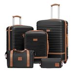 COOLIFE Suitcase Trolley Carry On Hand Cabin Luggage Hard Shell Travel Bag Lightweight with TSA Lock,The Suitcase Included 1pcs Travel Bag and 1pcs Toiletry Bag (Black/Brown, 5 Piece Set)