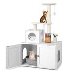 Maxmass Hidden Cat Litter Box Enclosure with Kitty Tree, Cat Washroom Cabinet with Sisal Rope Post, Large Condo and Jingling Furball, Wooden Kitty House Furniture for Playing Resting (White)