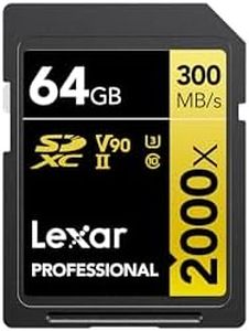 Lexar Professional 2000x Carte SD 64 Go, Carte mémoire SDXC UHS-II sans Lecteur, Jusqu'à 300 Mo/s en Lecture, pour DSLR, caméras vidéo en qualité cinéma (LSD2000064G-BNNAG)