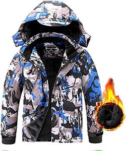 AFILOK Boy's Ski Jacket Waterproof Breathable Kids Fleece Lined Windproof Hooded Snowboard Coats (blue camouflage, 14-16)