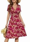 WEACZZY Women Summer Dresses 2024 Beach Cover up Casual Short Sleeve Sundresses V-Neck Cocktail Party Dress for Women with Pockets,Floral Maple Leaf Red,Medium