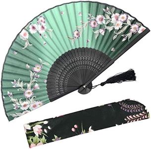 OMyTea Hand Held Silk Folding Fans with Bamboo Frame - with a Fabric Sleeve for Protection for Gifts - 100% Handmade Oriental Chinese/Japanese Vintage Retro Style - for Women Ladys Girls (Green)