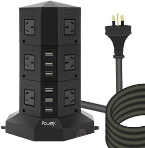 Powerjc Tower Power Strip USB Surge Protector Socket 12 AC Outlets with 6 USB 2.4A totals 6A Ports Chargers Black 2M Long Extension Cord SAA Certified