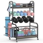 Dumbbell Rack, Sehloran Weight Rack for Dumbbells and Kettlebells, All in One Home Gym Storage, Yoga Mat Organizer Holder With Hooks and Wheels, Workout Equipment Weight Stand for Home Exercise and Fitness Gear (Metal)