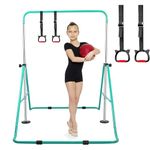 Gymnastics Bars with Rings, Expandable Horizontal Bar Adjustable Height Folding Training Monkey Kip Bars, Junior Training Bar Gymnastics Equipment for Kids Home Gym (Green)