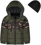 LONDON FOG Boys' Color Blocked Winter Puffer Jacket with Hat, Olive Drab, 5 Years