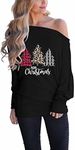 Women's Merry Christmas Shirt Tops Funny Christmas Plaid Long Sleeve Off The Shoulder Tops Shirt Christmas Tree M