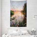 ABAKUHAUS Nature Tapestry, Sunset at Chudskoy Lake Estonia View Spring Flowers Landscape Photo, Fabric Wall Hanging Decor for Bedroom Living Room Dorm, 54 W X 90 L, Baby Blue Pale Pink