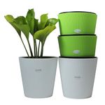 GREENON Plant Pot 10 Inch Pack of 4 (8 Pots) Self Water | Green, White Outer and Black Inner Plant Container | UnFadable Planter | Virgin Plastic Big Gamla | Best for Indoor and Balcony