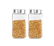 CELLO Qube Fresh Glass Storage Jar | Container with Air tight Silver Metal Lid | Multipurpose Jar | For Storage of Food, Pulses, Spice, Cereals, Cookies, Dry Food | Set of 2, 1000ml, Clear