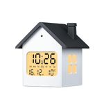 Cloka Alarm Clock, LCD Digital Alarm Clock Bedside with Light, Temperature, Date & Day, Snooze, 12/24H, Backlight, Mains & Battery Operated Small House-shaped Clock (Included Battery)