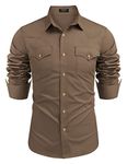 COOFANDY Men's Western Cowboy Shirts Long Sleeve Cotton Casual Button Down Work Shirt with Pockets, Brown, Medium