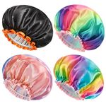 mikimini 4 Pack Medium Shower Cap for Girls and Women, Mixed 4 Colors Sparkle Rainbow Stylish Shower Caps with Lace, Reusable Waterproof Bathing Shower Hat for Girls