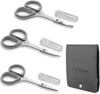 PAFASON Stainless Steel Mustache Beard Facial Nose Hair Trimming Scissor Set with Safety Cover and Leather Pouch