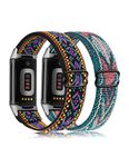 TOYOUTHS 2 Packs Compatible with Fitbit Charge 5/Charge 6 Bands for Women Men Adjustable Elastic Soft Nylon Solo Loop Strap Sport Bracelet Wristband for Charge 5/Charge 6, Boho Purple+Green Arrow