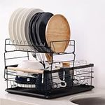 Navaris 2 Tier Dish Rack - Compact Drying Kitchen Board with Drip Tray & Cutlery Holder - Easy to Assemble and Clean Dishes - Sink Drainer Rack - Black