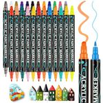 Acrylic Paint Pens Set, 24 Colours Permanent Paint Markers for Rock Painting Stone Wood Glass Ceramic Canvas Metal, 1-5mm Waterproof Dual Tip Brush Pen, Acrylic Pens for Kids Adults Craft Supplies