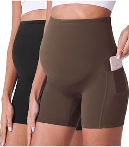 POSHDIVAH Women's Maternity Shorts Over The Belly Biker Yoga Active Pregnancy Workout Short Pants with Pockets 2PCS Black Dark Brown 5" X-Large