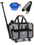 Lekereise Cat Carrier with Wheels, Airline Approved Pet Carrier, Pet Rolling Carrier with Detachable Wheels, Shoulder Strap and 1 Bowl for Small Dogs and Cats up to 20lb, Grey