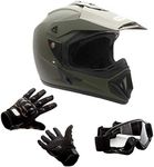 Combo Adult Motorcycle Off Road Helmet DOT - MX ATV Dirt Bike Motocross UTV (L, Military Green) with Riding Gloves and Goggles