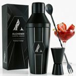 Alchemix Cocktail Shaker Set, Large 750ML 5 Piece Stainless Steel Cocktail Making Kit With Strainer, Jigger and Mixing Spoon, Cocktail Set With Bar Accessories Gift Set