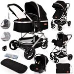 Baby Buggy Pram Pushchair 3 in 1 with Car Seat Child Lightweight Folding Stroller One Size Fits All 3 in 1 Travel System Pram for Newborns & Toddlers 0-36 Months from Birth (Black - Silver Frame)