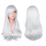 AOMIG Long Wavy White Wigs for Women, 3 Pack Long White Wigs Set with Sunglass & Wig Cap, Natural Full Long Curly Anime Cosplay Wig with Bangs, 28 Inch Synthetic Wig for Daily Cosplay Party Use