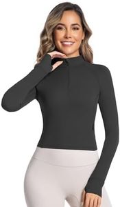 Sunzel Women's Long Sleeve Workout Crop Tops, Half Quarter Zip Compression Shirts with Thumbholes Quick Dry Athletic Running Black Large