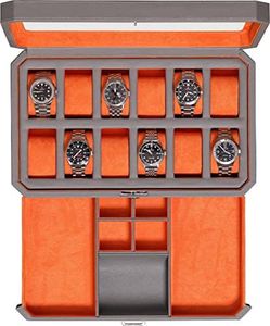 Rothwell 12 Slot Leather Watch Box with Valet Drawer - Luxury Case Display Organizer, Microsuede Liner, Mens Accessories Holder, Jewelry Case, Organizer (Grey/Orange)