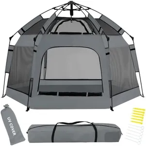 Pop Up Playpen for Babies with Canopy & Safety Lock - Outdoor Baby Playpen with 6 Ground Stakes & 6 Sand Stakes, UV Protection & Carry Bag, Instant Beach Tent for Indoor/Outdoor Use（Grey）