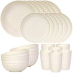 Quatish 24 Piece Plastic Plates and Bowls Sets for 6, Unbreakable Plastic Dinnerware Sets, Dish Set for Camping, Dishwasher Microwave Safe, Outdoor Kitchen and Apartment Dinning Essentials, Beige