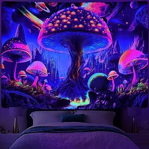 Uspring Mushroom Tapestry Blacklight Forest Tapestry Hippie Tree of Life Tapestry UV Reactive Space Wall Tapestry Colorful Large Nature Tapestry Wall Hanging, Black Light Decor (51.2 x 59.1 inches)