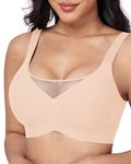 Gailife Womens Seamless Bra V Neck Mesh No Underwire Push Up Bras Soft Wireless Comfort Bralettes Full Coverage Everyday Bra-Beige-L