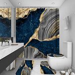 beifivcl 4Pcs Marble Shower Curtain Sets with 12 Hooks, Luxury Bathroom Decor Sets - Curtain, Toilet Lid Rug and Non-Slip U Shape Bath Mat Accessories Marble Print, 72 x 72 Inch, Navy Blue