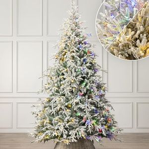 Christow Pre-Lit Flocked Christmas Tree 8ft with Dual-Colour LED Lights (Switch from Warm White to Multi-Coloured), Verbier Fir, PE & PVC Tips, 11 Modes – Colour Changing, Timer, 240cm Diameter