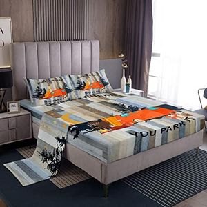 Camper Accessories Sheets Twin for Girls Boys, Happy Camping Bed Sheets, Orange Travel Car Bed Set, Woodland Bear Hunting Theme Sheet Set, Rustic Wooden Board Top Sheet 3Pcs with 1 Pillowcase