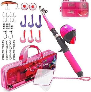 Play22 Kids Fishing Pole Pink - 40 Set Kids Fishing Rod and Reel Combos - Fishing Poles for Youth Kids Includes Fishing Tackle, Fishing Gear, Fishing Lures, Net, Carry On Bag, Fully Fishing Equipment