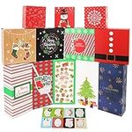 Belle Vous Christmas Kraft Cardboard Gift Boxes (14 Pack) - 3 Different Sizes, 14 Designs with 80 Gift Tag Stickers - Flat-Packed Xmas Boxes for Presents, Cookies/Candies, Cosmetics & Accessories