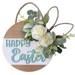 Idyllic Easter Wreaths for Front Door, 16" Spring Rose Flower Wreath with Happy Easter Sign for Spring Summer Porch Window Wall Farmhouse Decor Easter Decoration